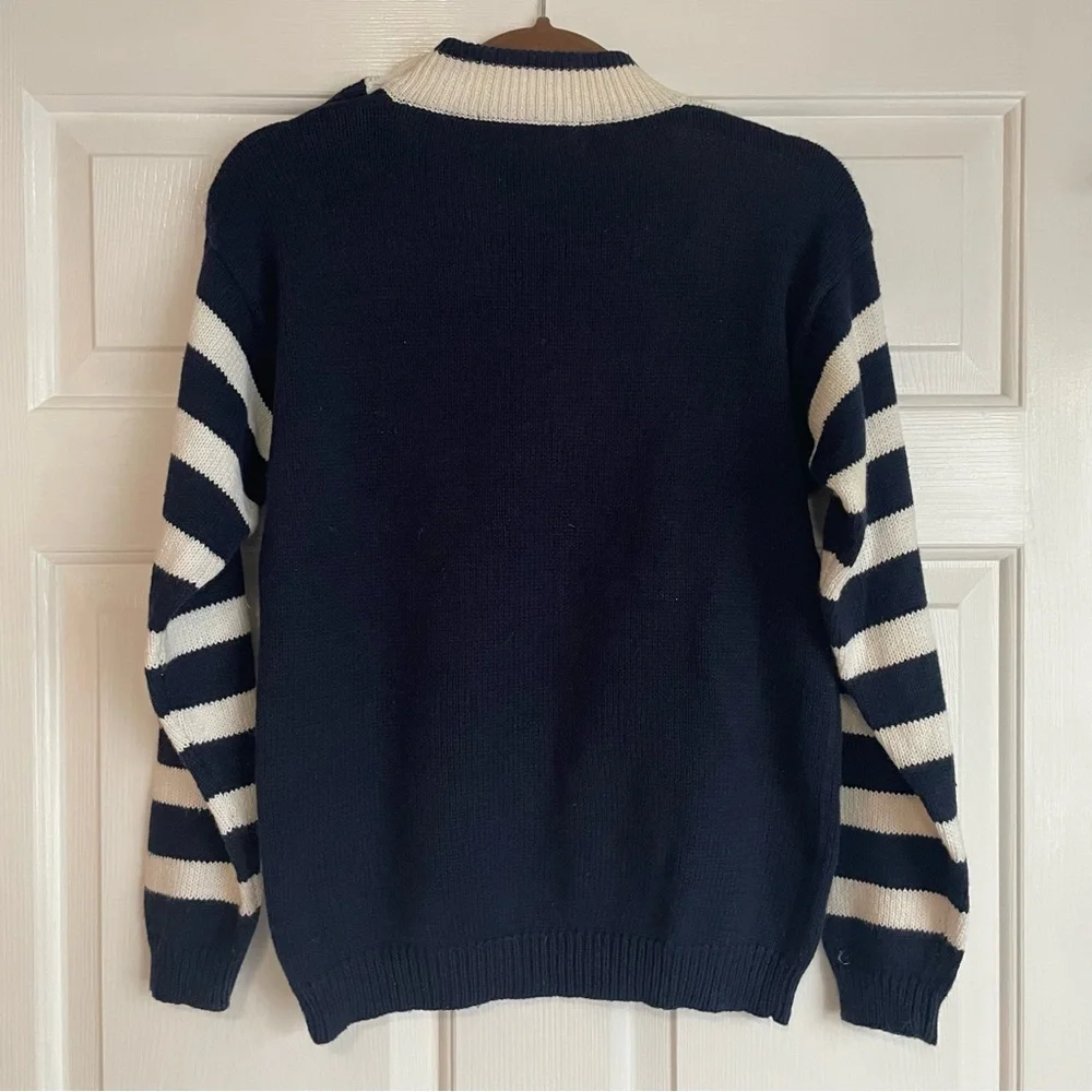 Maurada Vintage Nautical Coastal Stars Navy and White Striped Sweater - Picture 2 of 7